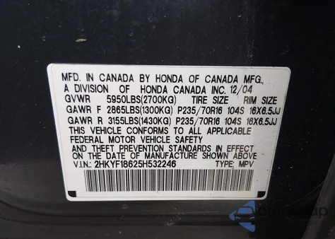 2005 Honda Pilot Ex-L z USA, uszkodzony, nr VIN 2HKYF18625H532246